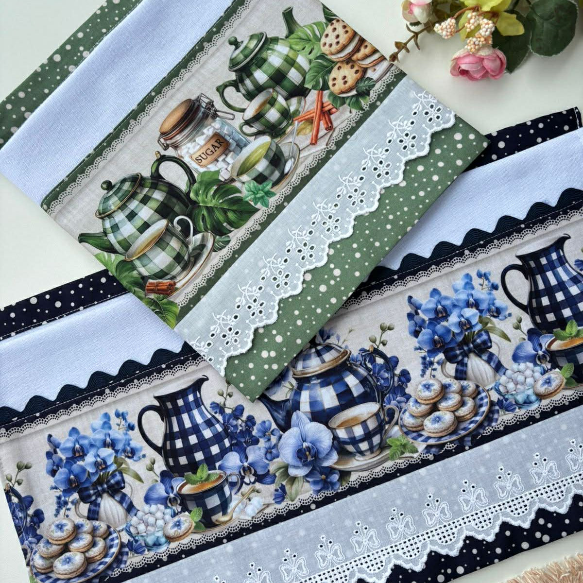 Garden Kettle 2-Pc Set | 20x30 Flat Weave Brazilian Cotton | Green & Black Buffalo Check with Blue Floral | White Eyelet Lace | Hand-Finished | SweetHearth Designs
