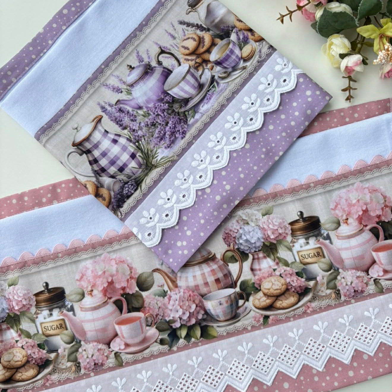Lavender Tea Time 2-Pc Kitchen Towel Set | Flat Weave Brazilian Cotton | Purple Polka Dot Trim & White Eyelet Lace | Hand-Finished | SweetHearth Designs