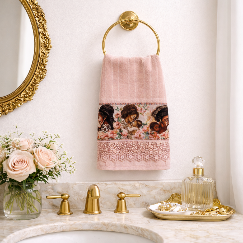 Black Motherhood Velour Hand Towel 20x32 | Pink Cotton Terry | Hand-Finished Pink Lace Trim | SweetHearth Designs