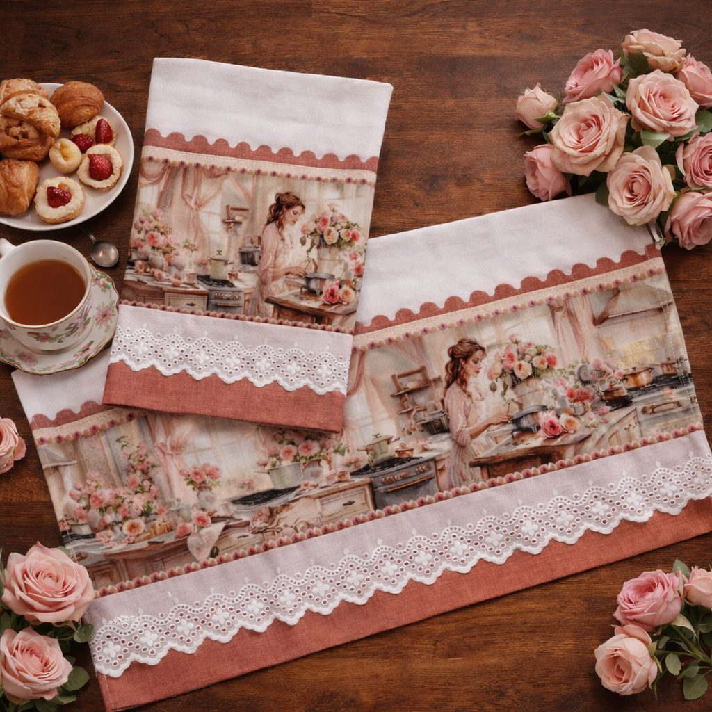 Vintage Kitchen Lady Kitchen Tea Towel 20x30 Premium Flat Weave Cotton | Celebrating Mom and Grandma | Hand-Finished Dusty Rose and White Eyelet Trim | SweetHearth Designs