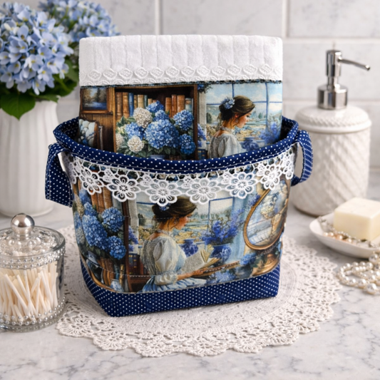 Reading By The Window 2-Pc Bath Set | Decorative Towel & Fabric Basket | Hand-Finished Brazilian Cotton | Hydrangeas & Victorian Lady | SweetHearth Designs