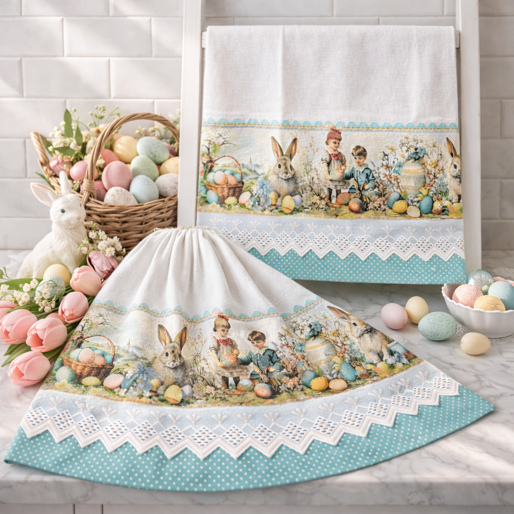 Turquoise Easter Bunny Kitchen Tea Towel 20x30 Premium Flat Weave Cotton | Vintage Storybook Spring Decor | Hand-Finished Aqua Polka Dot & White Eyelet Trim | SweetHearth Designs