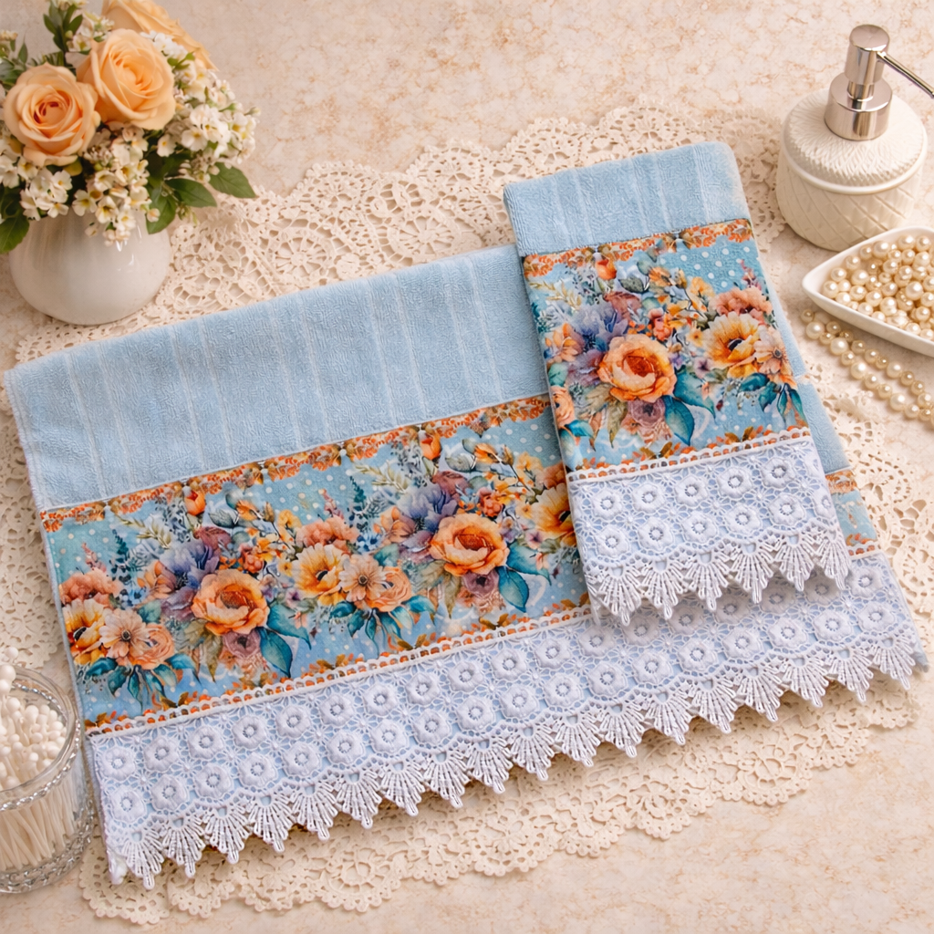 Orange Roses Velour Towel Set | Hand & Fingertip | Blue Cotton Terry | Hand-Finished White Crochet Lace Trim | SweetHearth Designs