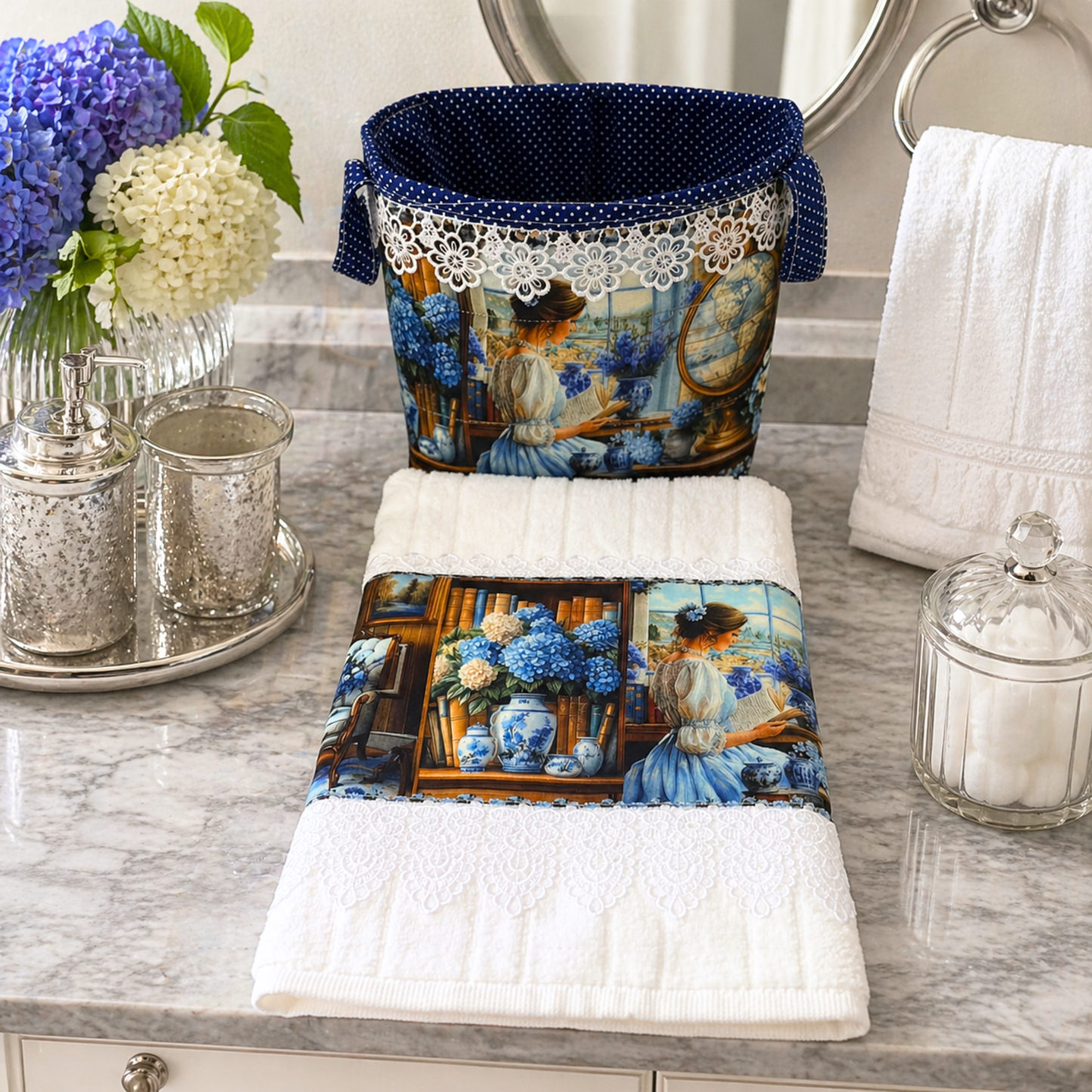 Reading By The Window 2-Pc Bath Set | Decorative Towel & Fabric Basket | Hand-Finished Brazilian Cotton | Hydrangeas & Victorian Lady | SweetHearth Designs