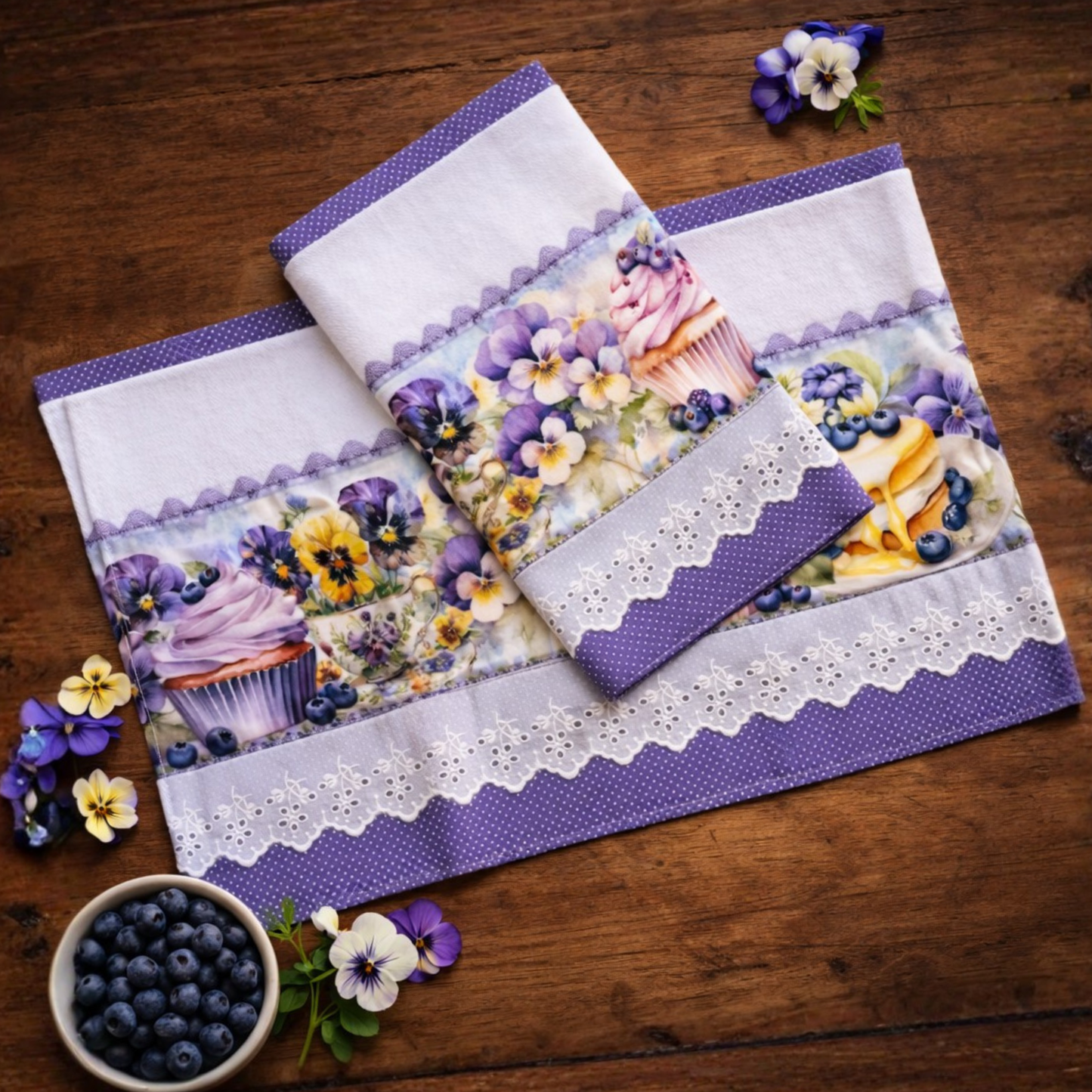 Pansies and Cupcakes Kitchen Tea Towel Set of 2 | 20x30 Premium Flat Weave Cotton | Cottage Afternoon Tea Style | Hand-Finished Purple Polka Dot and White Eyelet Trim | SweetHearth Designs