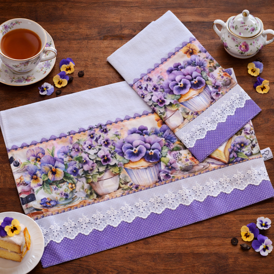 Pansy Garden Kitchen Tea Towel 20x30 | Cotton Flat Weave | Hand-Finished Purple Lace & Polka Dot Trim | SweetHearth Designs