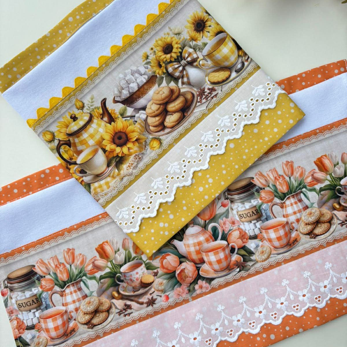 Sunflower & Tulip Tea Time 2-Pc Set | 20x30 Flat Weave Brazilian Cotton | Yellow & Orange Polka Dot Trim & White Eyelet Lace | Hand-Finished | SweetHearth Designs