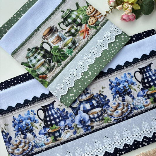 Garden Kettle 2-Pc Set | 20x30 Flat Weave Brazilian Cotton | Green & Black Buffalo Check with Blue Floral | White Eyelet Lace | Hand-Finished | SweetHearth Designs