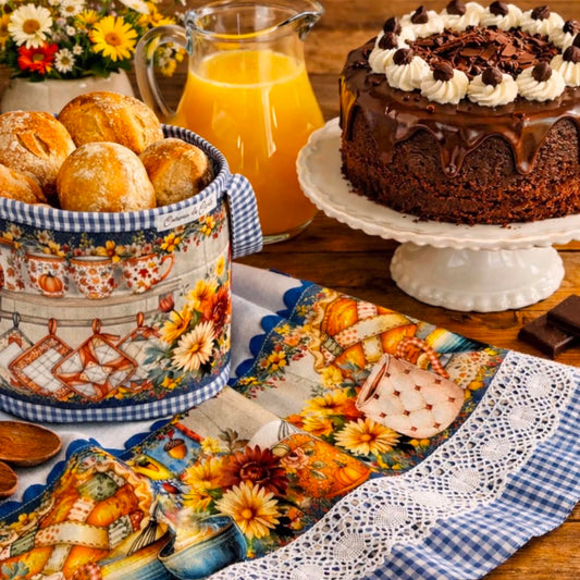 Harvest Kitchen 2-Pc Set | 20x30 Flat Weave Brazilian Cotton Towel & Fabric Basket | Sunflower & Pumpkin Print | Blue Gingham Trim & White Eyelet Lace | Hand-Finished | SweetHearth Designs
