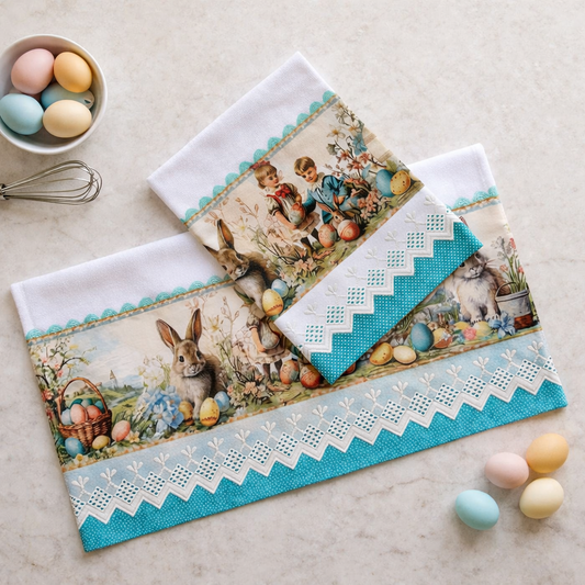 Turquoise Easter Bunny Kitchen Tea Towel 20x30 Premium Flat Weave Cotton | Vintage Storybook Spring Decor | Hand-Finished Aqua Polka Dot & White Eyelet Trim | SweetHearth Designs