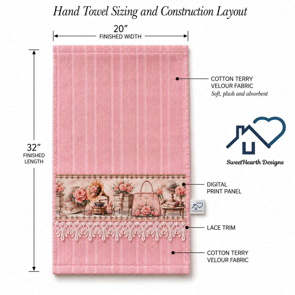 graphic describing towel size and construction with pink bath hand towel. Sweet Hearth Designs tag
