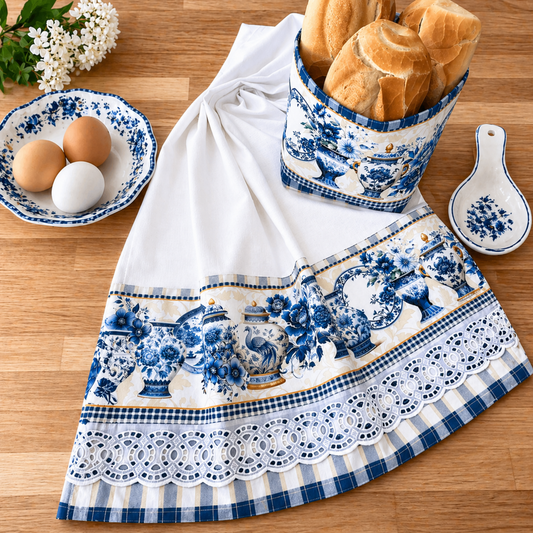 Delft Blue Chinoiserie 2-Pc Kitchen Set | Flat Weave Tea Towel & Fabric Basket | Hand-Finished Brazilian Cotton | Blue & White Gingham Trim | SweetHearth Designs