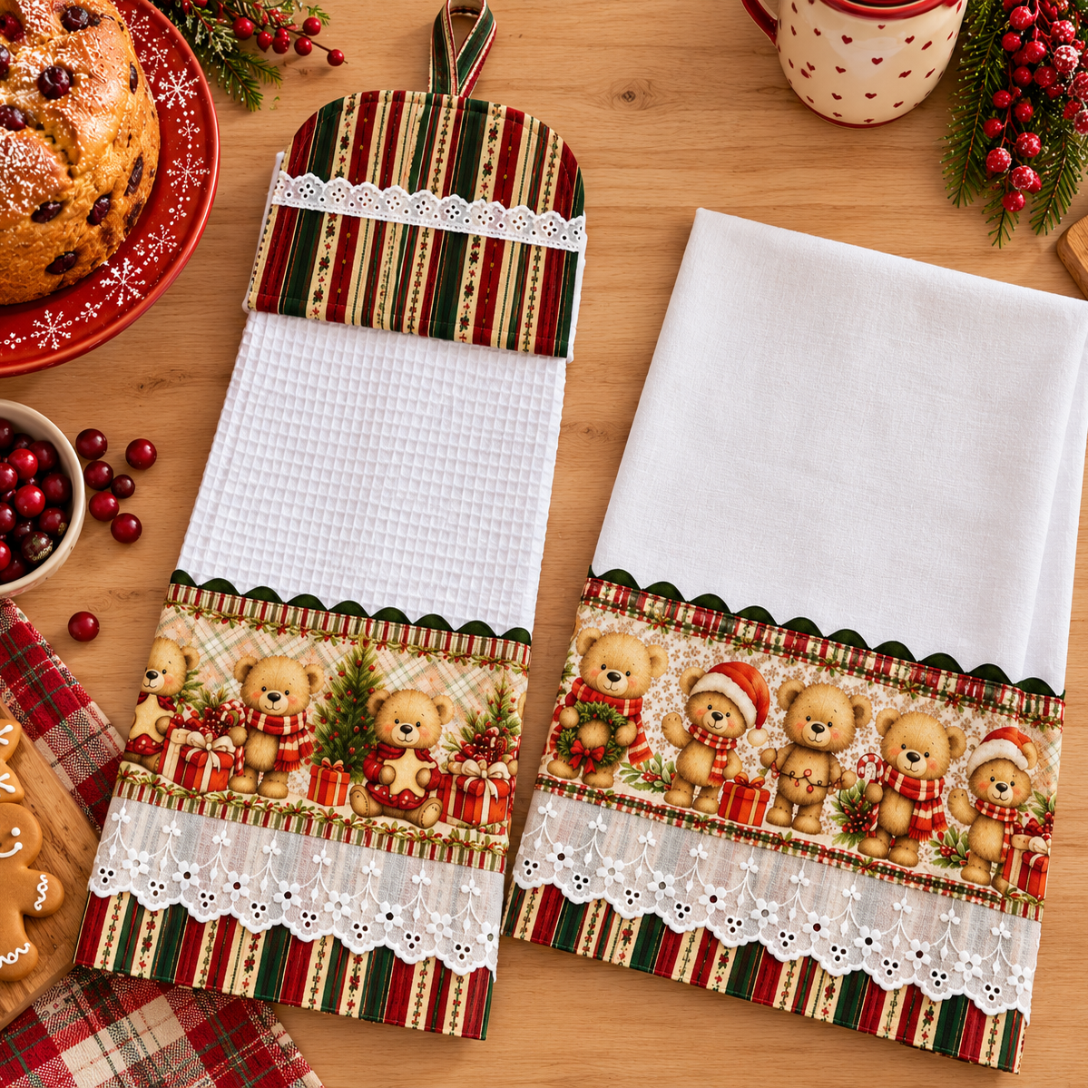 Flat lay of Christmas teddy bear hanging towel and tea towel on a wooden table, with white waffle weave, red-and-green stripes and white eyelet lace.