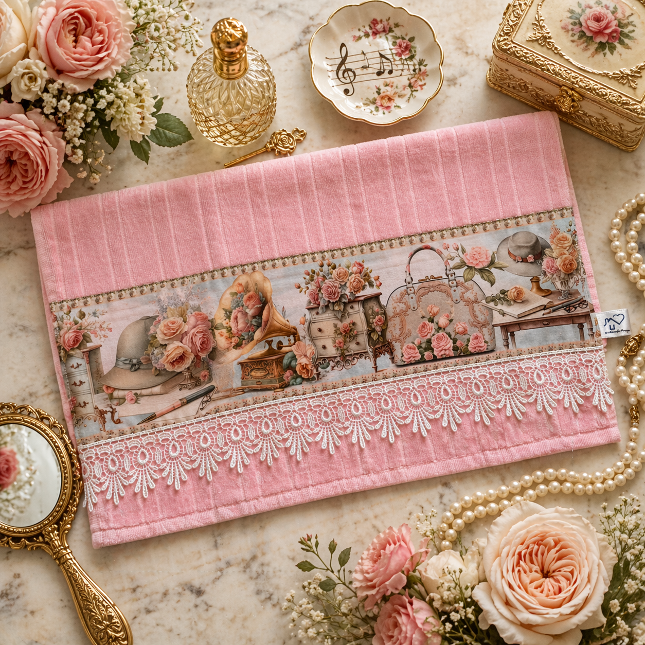 Victorian Boudoir Velour Hand Towel 20x32 – White Lace Trim | SweetHearth Designs