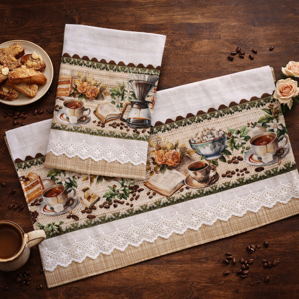 Literary Cafe Kitchen Tea Towel 20x30 Premium Flat Weave Cotton | Vintage Coffee and Roses Style | Hand-Finished Tan Plaid and White Eyelet Trim | SweetHearth Designs