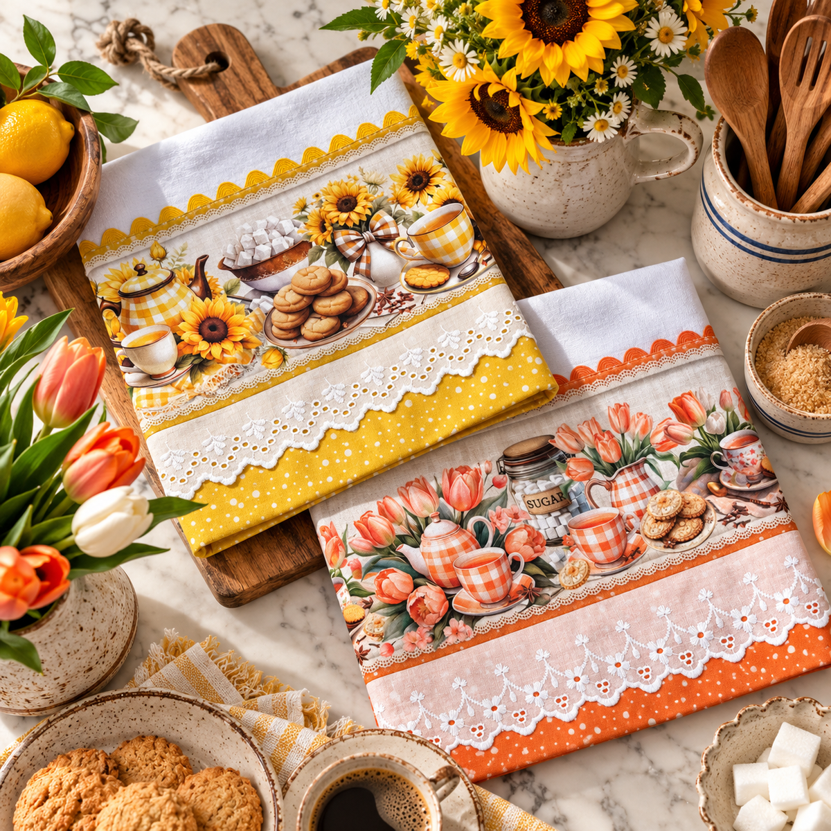 Sunflower and Tulip Tea Time kitchen tea towel set 2-piece flat lay on marble surface with wooden tray, yellow sunflower towel with polka dot trim and scallop lace border alongside orange tulip towel with eyelet lace border, fresh sunflowers, orange tulips, lemons, cookies and sugar bowl styled around both towels