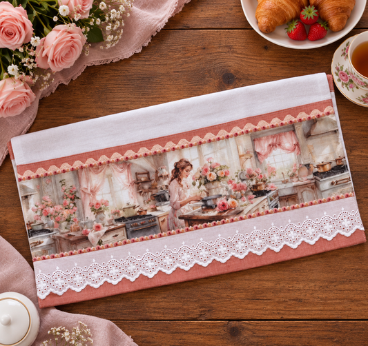 Vintage Kitchen Lady kitchen tea towel flat lay on a wood table with dusty rose trim and white eyelet lace, illustrated woman in a floral kitchen scene, pink roses, croissants, strawberries, and a tea cup nearby