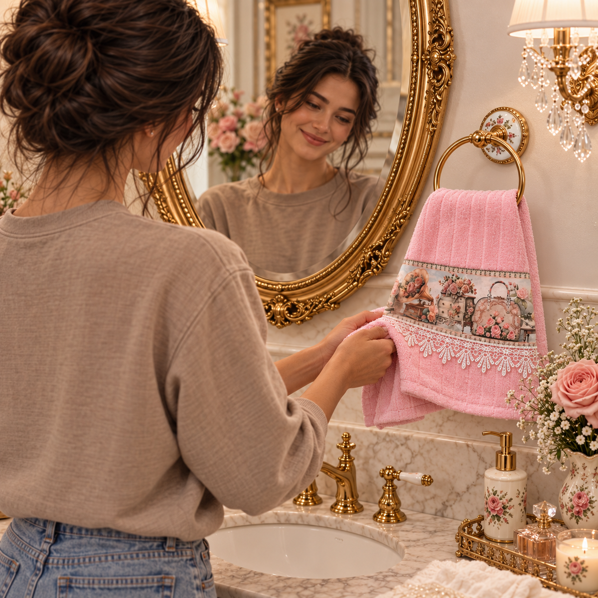 Victorian Boudoir velour hand towel hanging on a gold towel ring in an ornate bathroom with a marble vanity, gilded mirror, blush pink towel, roses, and floral bath accessories