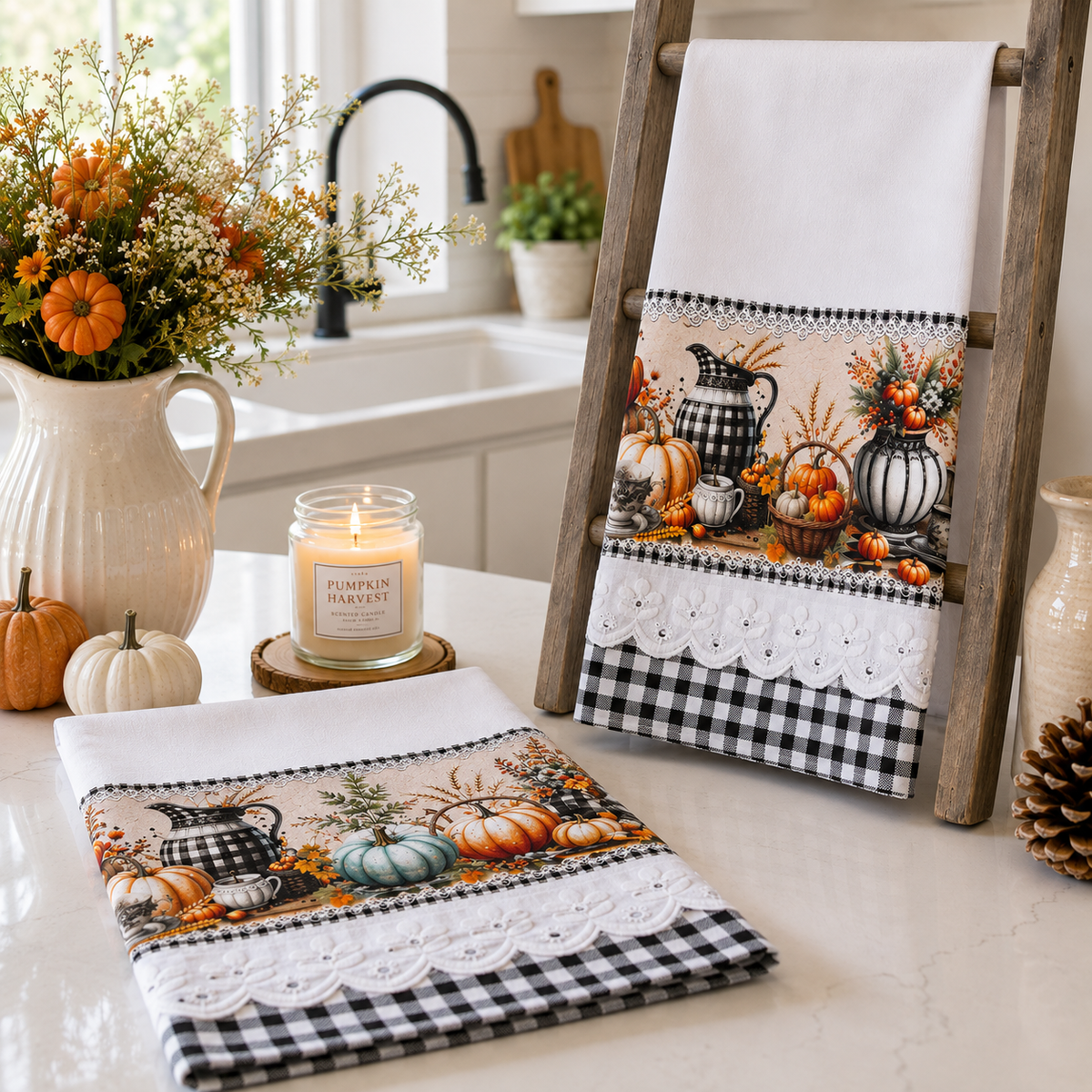 Pumpkin Harvest tea towel set of two displayed in a bright farmhouse kitchen, one hanging on a wooden ladder rack and one folded on a white marble counter, with a lit Pumpkin Harvest candle, white pitcher, and orange and white pumpkins in the background