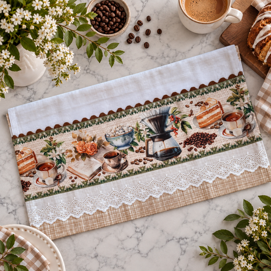 Literary Cafe kitchen tea towel 20x30 flat lay on marble surface showing full vintage coffee scene print panel with espresso cups pour-over coffee maker orange roses open book layered cake and scattered coffee beans, tan plaid trim with white eyelet lace border, surrounded by white flowering branches coffee beans latte mug iced pastry and gingham cloth