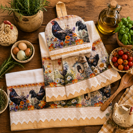 Farmhouse Chickens Kitchen Towel Set – Hanging Towel & Tea Towel | SweetHearth Designs