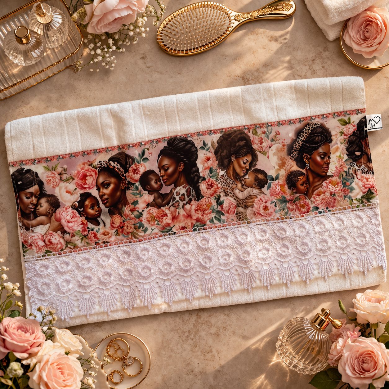 Black Motherhood Velour Hand Towel 20x32 | Ivory Cotton Terry | Hand-Finished White Crochet Lace Trim | SweetHearth Designs