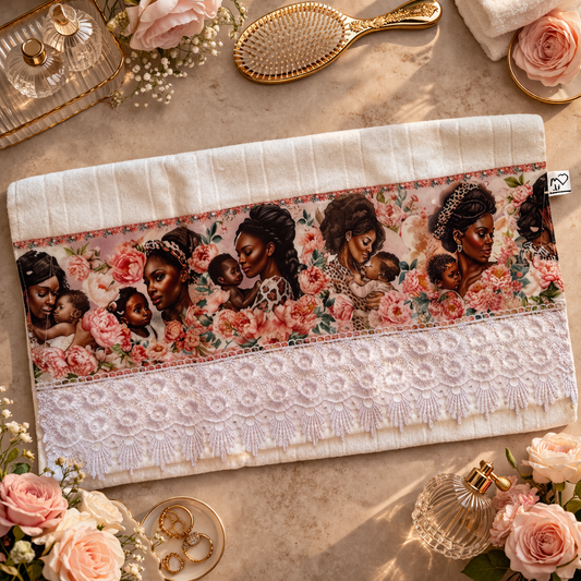 Black Motherhood Velour Hand Towel 20x32 | Ivory Cotton Terry | Hand-Finished White Crochet Lace Trim | SweetHearth Designs
