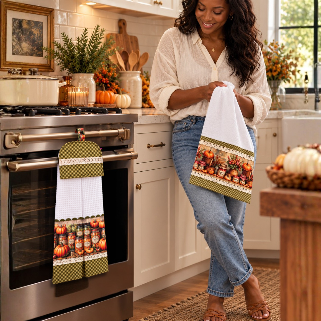 Woman holding an Autumn Pantry tea towel beside a matching hanging towel on an oven handle, both with pumpkin and pantry jar prints, olive check and cream lace.