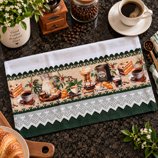 Coffee Lover's kitchen tea towel 20x30 styled flat on dark granite with coffee beans, vintage grinder, milk jug, espresso cups, cake slice and croissants, showing full coffee print panel with green trim and white eyelet lace border