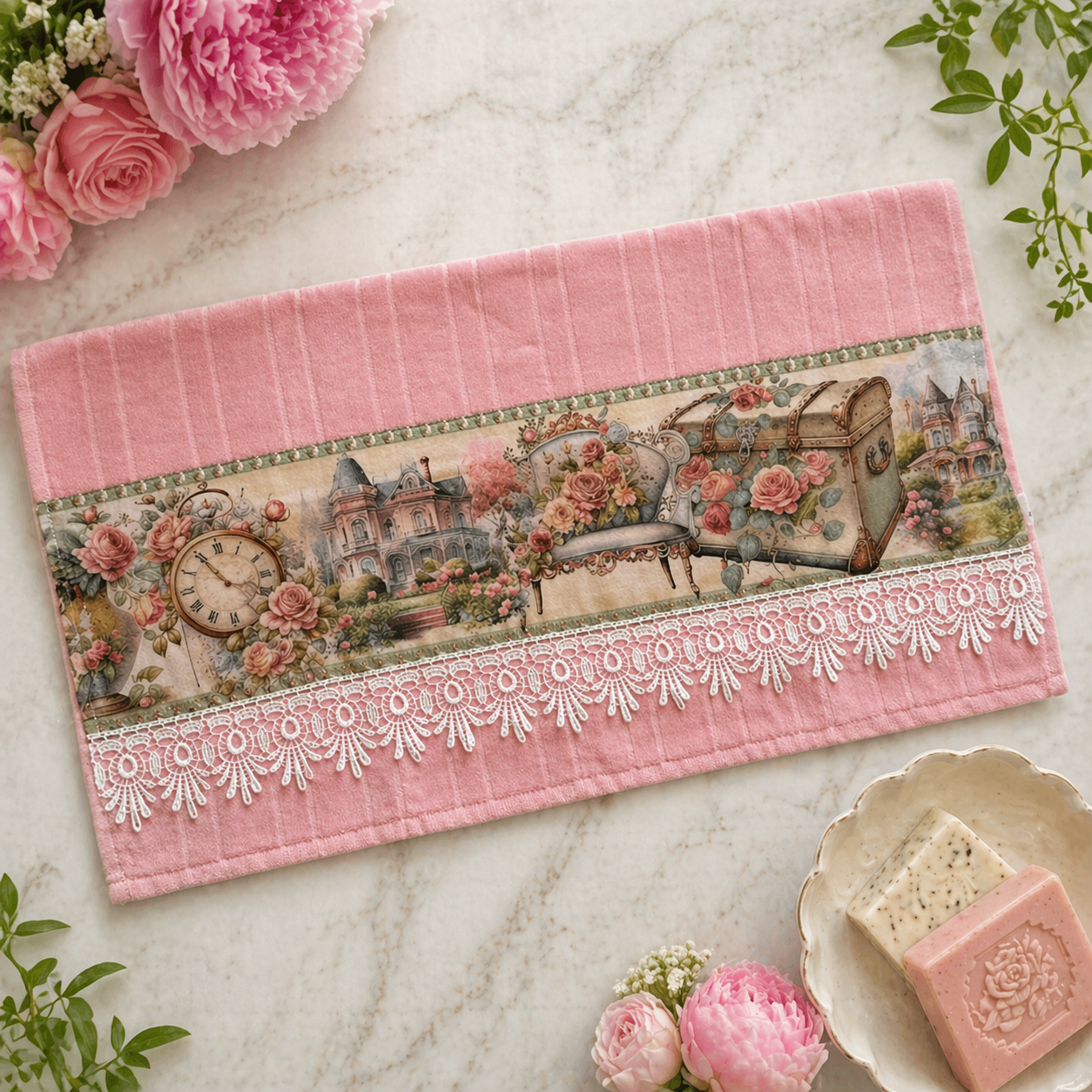 Victorian Charm Velour Hand Towel 20x32 – White Lace Trim