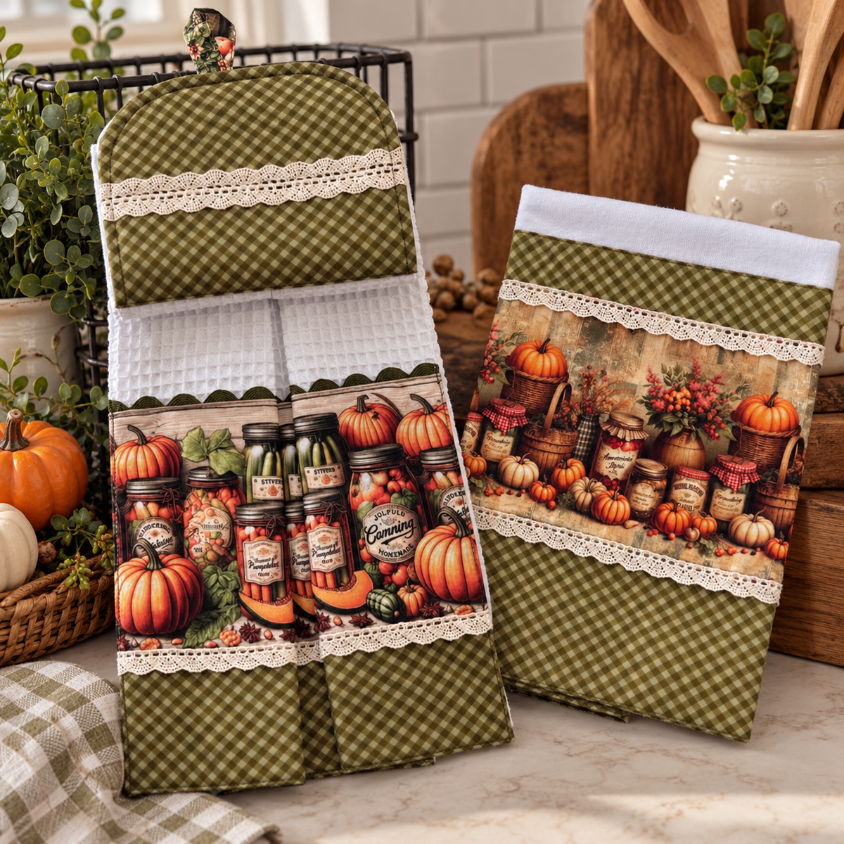 Autumn Pantry hanging towel and tea towel with white fabric, olive check accents, cream lace and printed pumpkins and pantry jars in a styled kitchen.