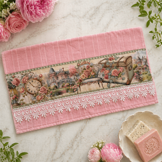 Vintage Rose Velour Hand Towel 20x32 | Cotton Terry | Hand-Finished Scalloped Lace Trim | SweetHearth Designs