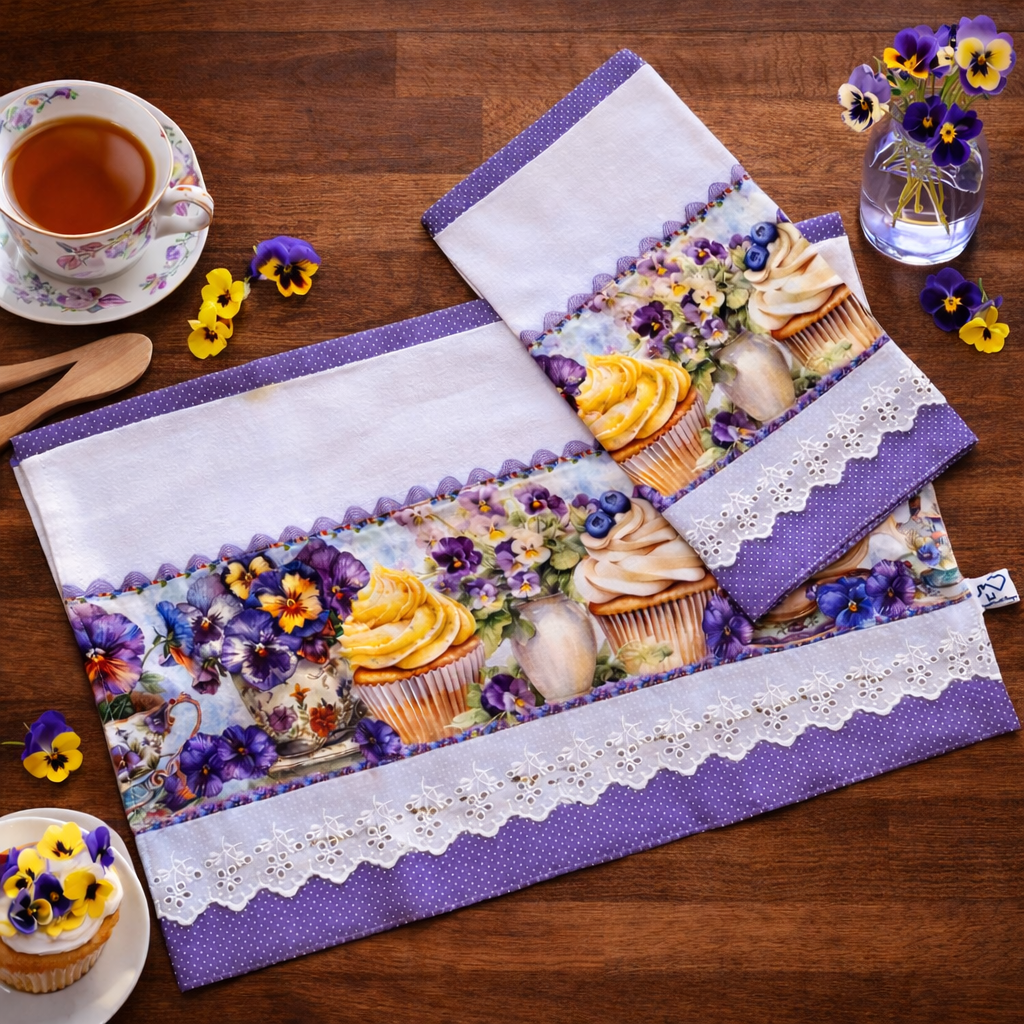 Pansies and Cupcakes Kitchen Tea Towel Set of 2 | 20x30 Premium Flat Weave Cotton | Cottage Afternoon Tea Style | Hand-Finished Purple Polka Dot and White Eyelet Trim | SweetHearth Designs