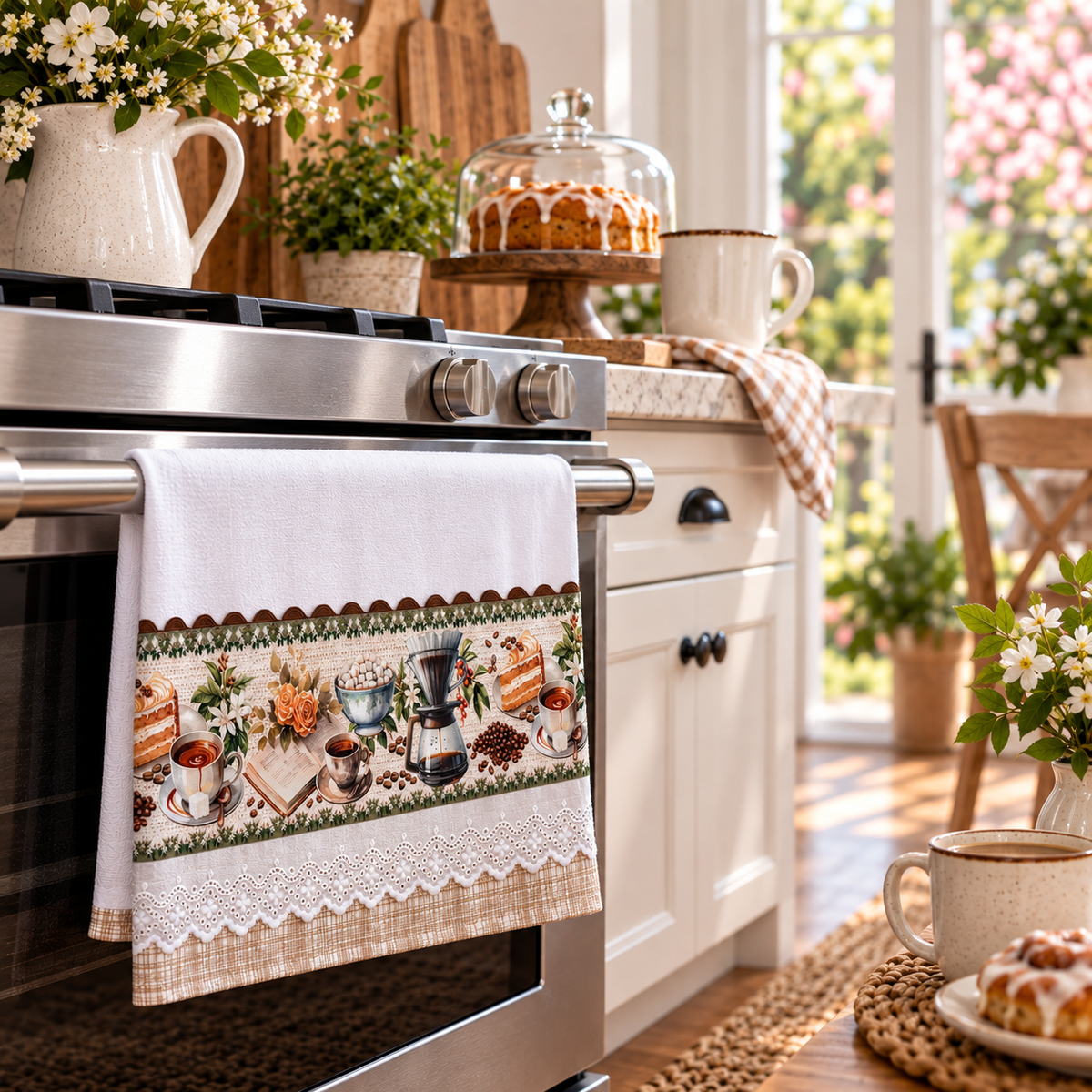 Literary Cafe kitchen tea towel 20x30 hanging on stainless steel oven handle in bright white farmhouse kitchen showing vintage coffee scene print panel with espresso cups pour-over coffee maker coffee beans orange roses and open book, tan plaid trim with white eyelet lace border, cake under glass dome and mug of coffee on counter, spring flowers in white pitcher, sunny garden view through window