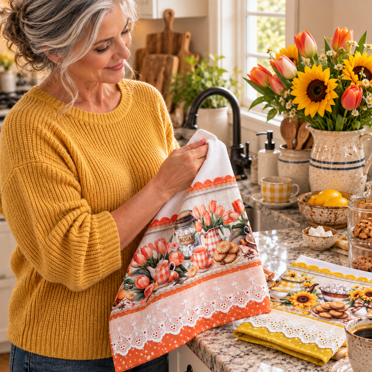 Woman in golden yellow sweater holding Tulip Tea Time kitchen tea towel 20x30 in bright farmhouse kitchen, showing orange tulip and gingham tea set print panel with orange polka dot trim and white eyelet lace border, sunflower towel visible on granite counter alongside fresh sunflowers and orange tulips