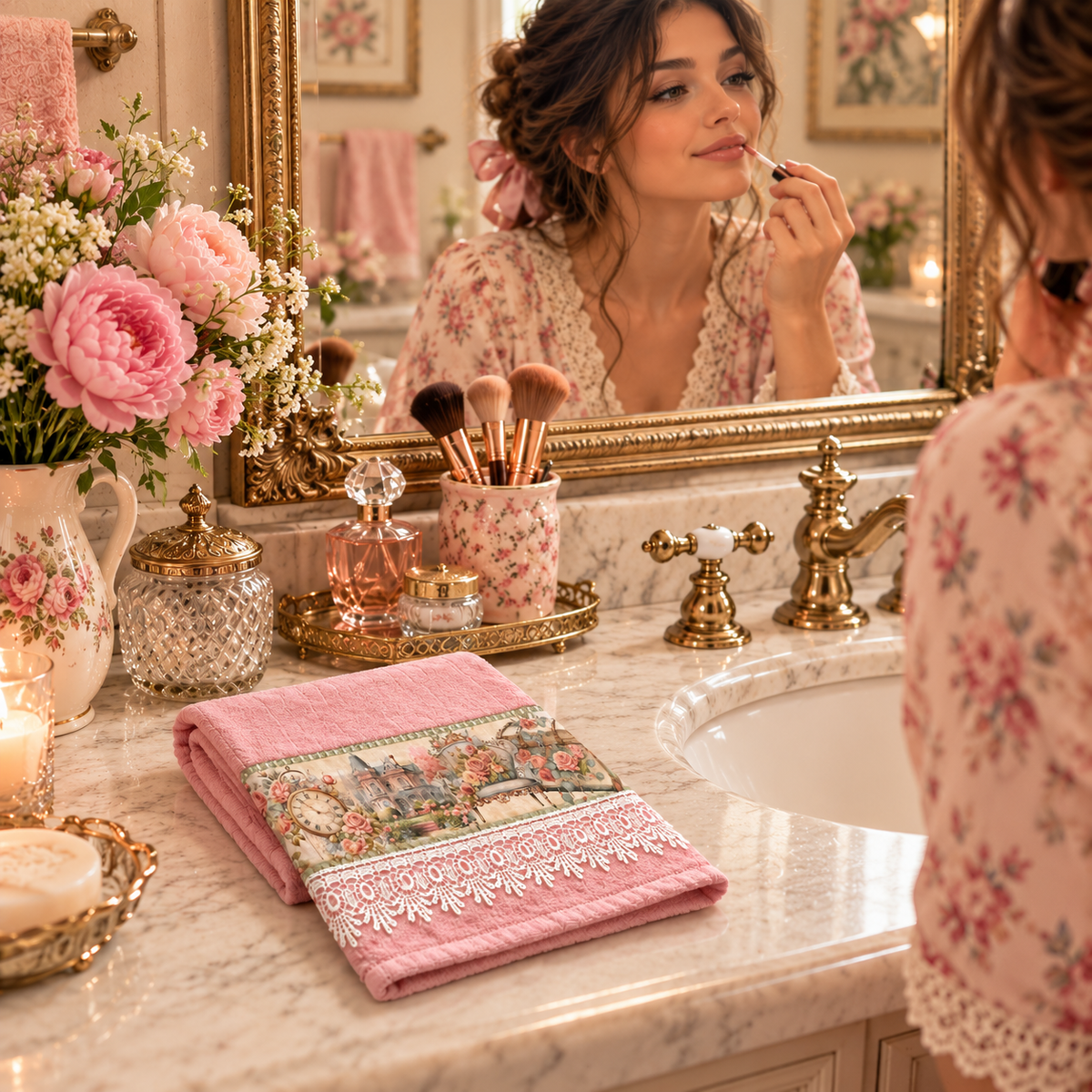 Lifestyle bathroom scene with a woman applying lipstick at a vanity beside a folded pink velour hand towel with a floral panel and scalloped lace trim