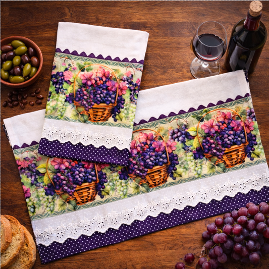 Tuscan Grape Harvest Kitchen Tea Towel 20x30 Premium Flat Weave Cotton | Vineyard Wicker Basket Style | Hand-Finished Purple Polka Dot and White Eyelet Trim | SweetHearth Designs