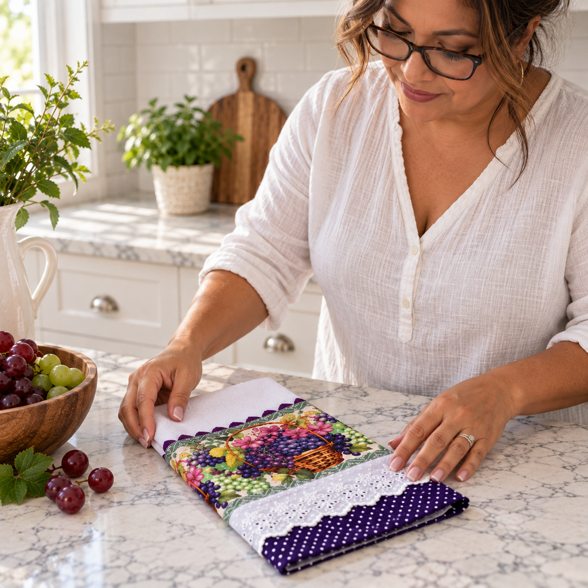 Woman in white linen top folding Tuscan Grape Harvest kitchen tea towel 20x30 on marble kitchen counter, showing wicker basket overflowing with purple and green grapes and pink blossoms print panel with deep purple polka dot trim and white eyelet lace border, wooden bowl of fresh red and green grapes alongside on marble counter, bright white farmhouse kitchen in background