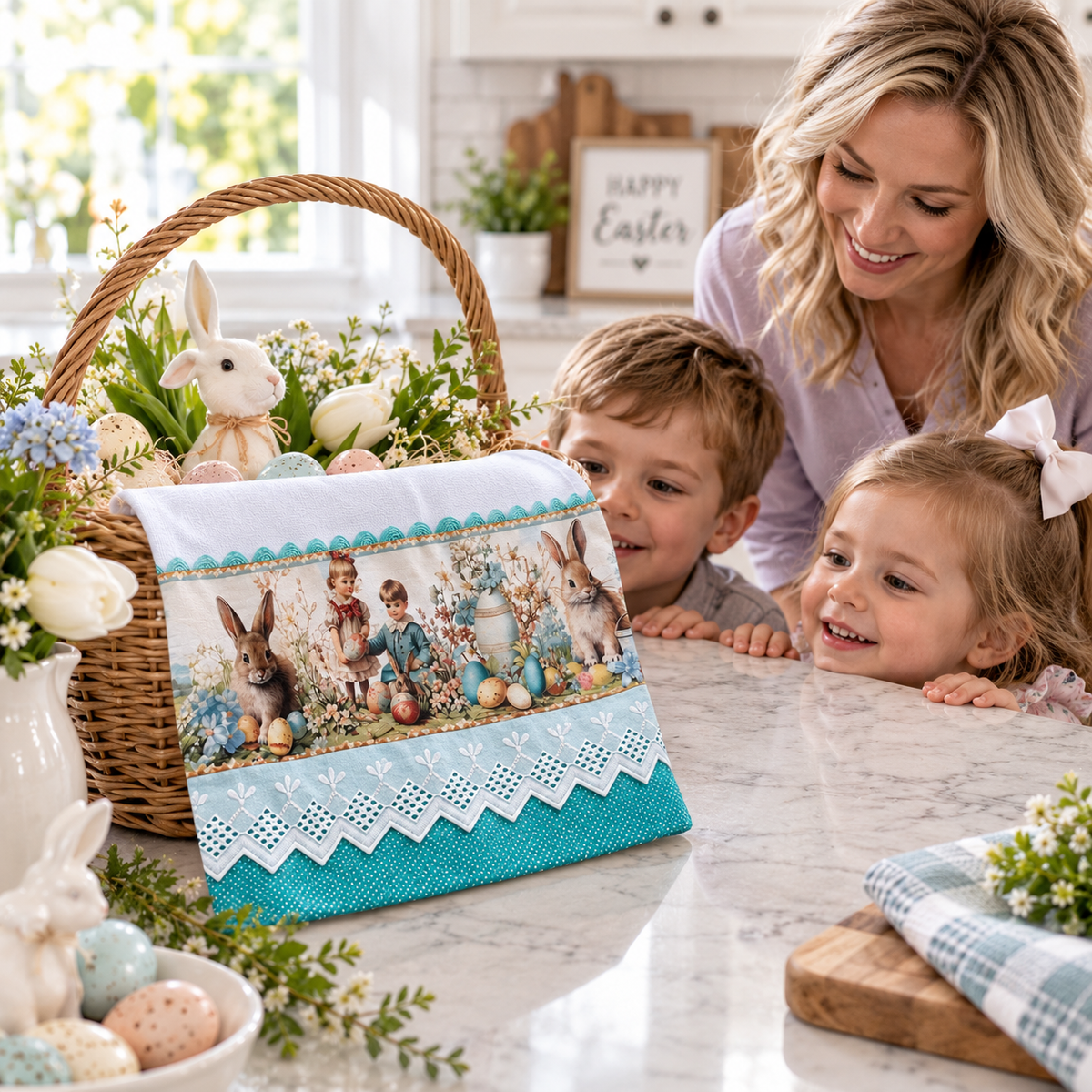 Mother and two young children smiling over Vintage Easter Garden kitchen tea towel 20x30 leaning against large wicker Easter basket filled with white bunny figurine tulips and spring greenery on marble kitchen counter, showing full storybook bunny and egg gathering print panel with aqua polka dot and white eyelet lace trim, pastel Easter eggs and white ceramic bunny in foreground, Happy Easter sign in background