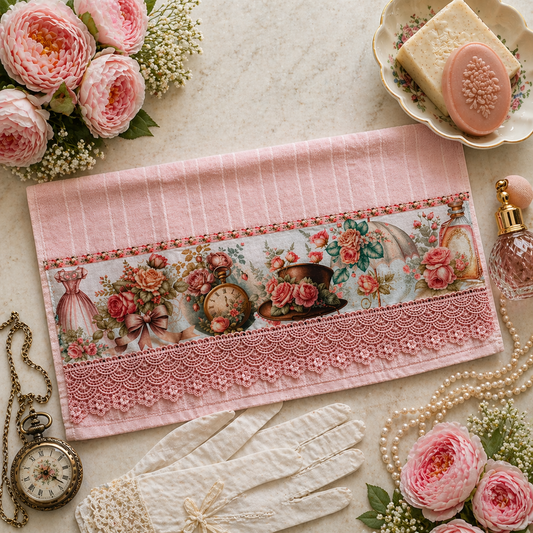Victorian Charm Velour Hand Towel 20x32 – White Lace Trim