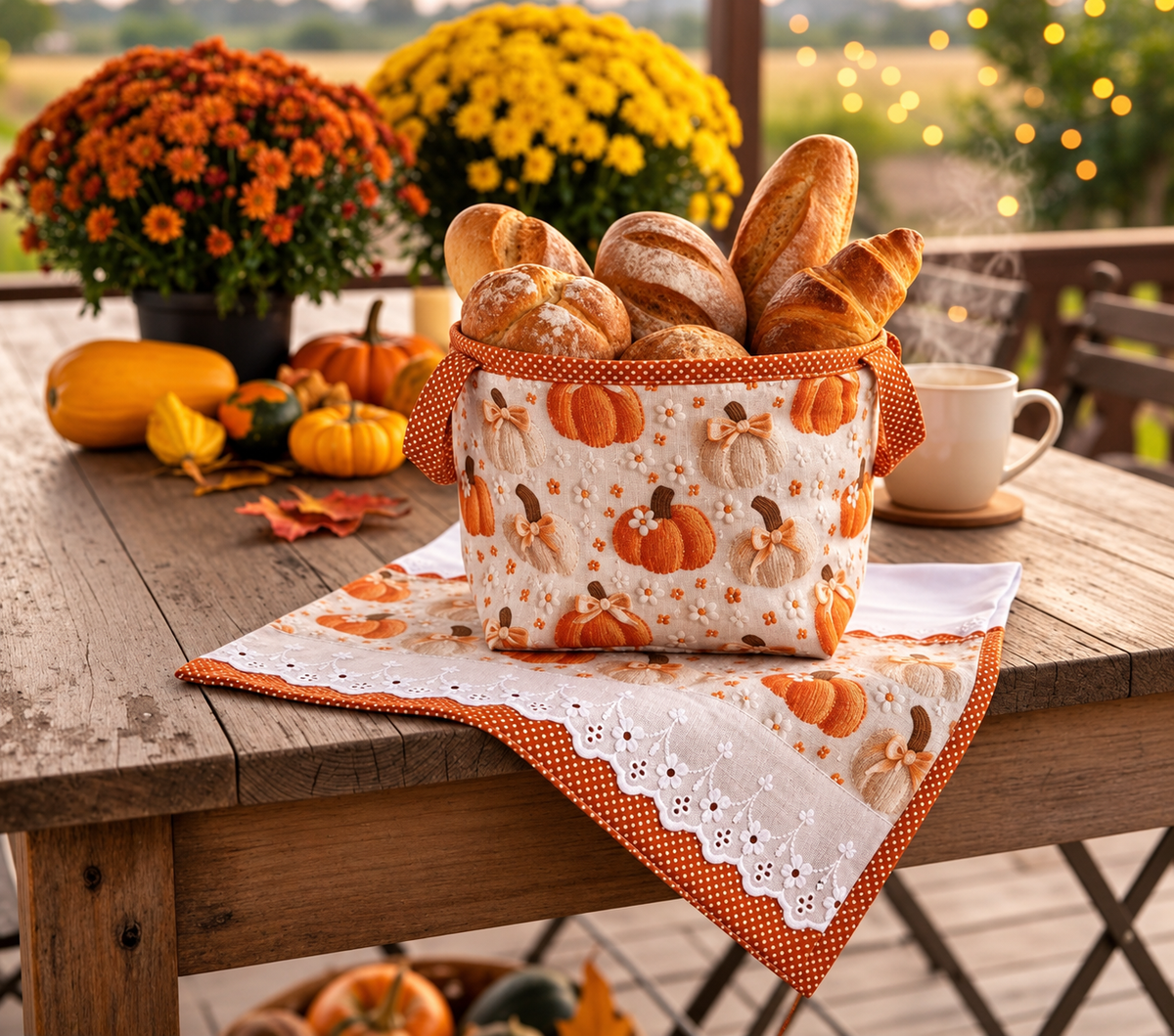 Pumpkin-print fabric bread basket filled with bread beside a coordinating tea towel with orange dotted trim and white eyelet lace on a rustic fall table.