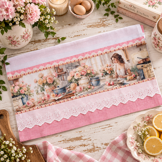 Rose Cottage kitchen tea towel 20x30 flat lay on white distressed wood with cottage woman arranging blush roses print panel, pink linen trim and white eyelet lace border, pink gingham napkin and lemons alongside