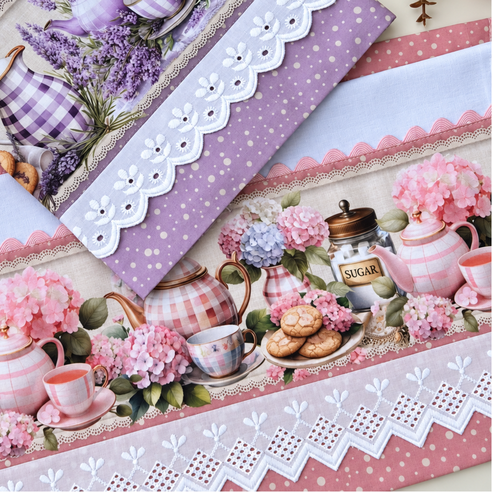 Pink Tea Time Kitchen Tea Towel 20x30 | Pink Polka Dot & White Eyelet