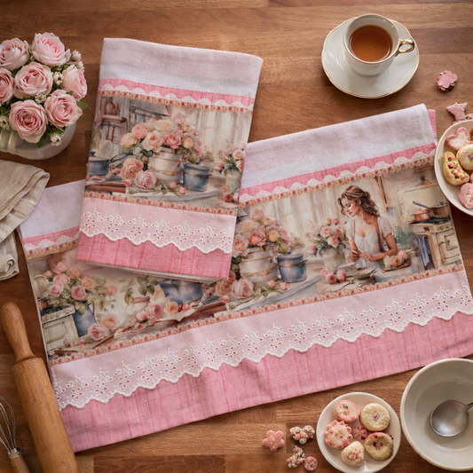 Rose Cottage Kitchen Tea Towel 20x30 Premium Flat Weave Cotton | Celebrating Mom & Grandma | Hand-Finished Pink Linen & White Eyelet Trim | SweetHearth Designs