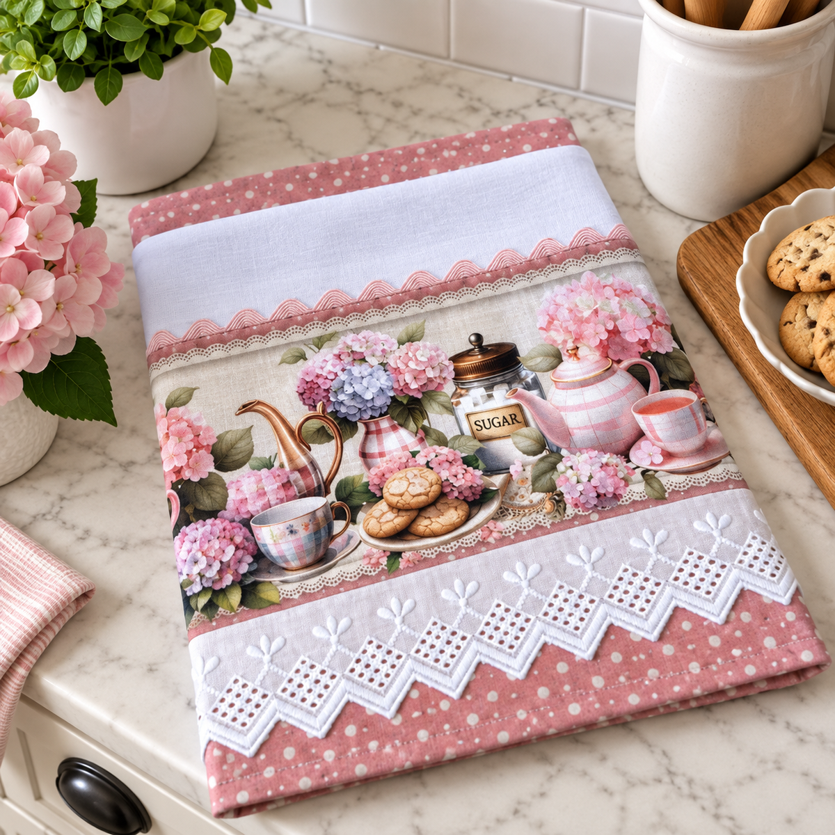 Pink Tea Time Kitchen Tea Towel 20x30 | Pink Polka Dot & White Eyelet