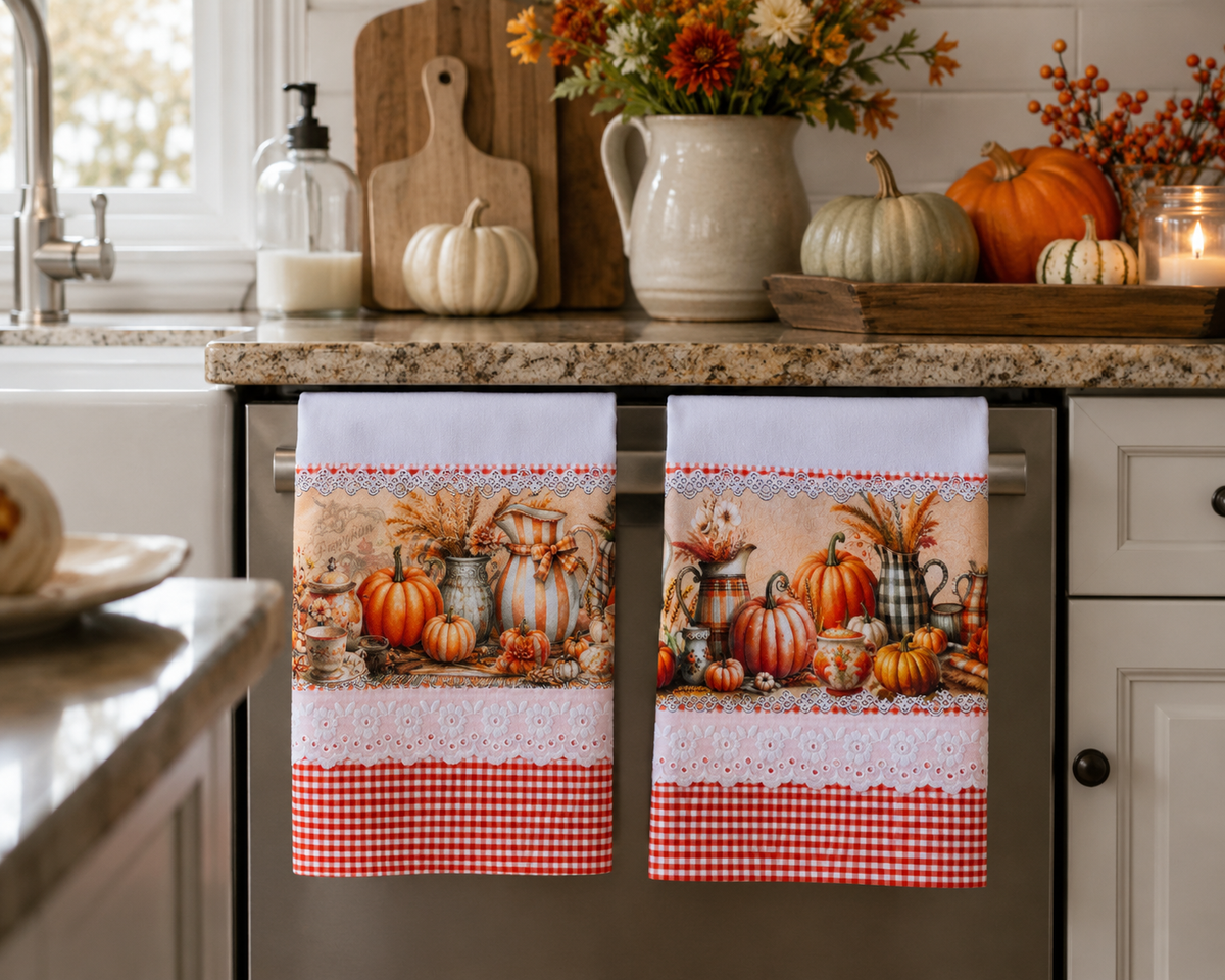 Pumpkin Harvest Tea Towel Set of 2 | Orange Gingham